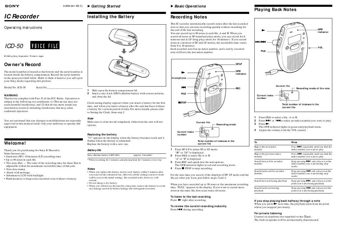 Mode d'emploi SONY ICD-50