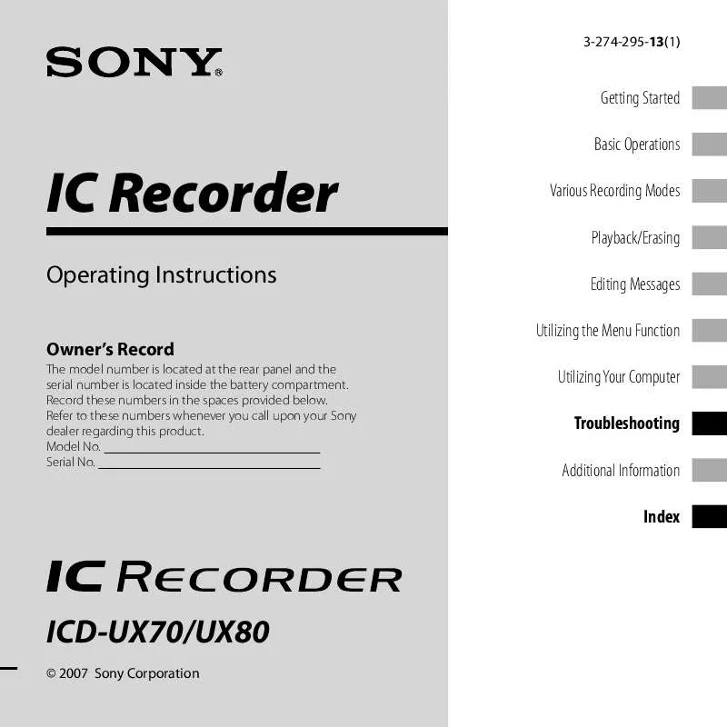 Mode d'emploi SONY ICD-UX70RED