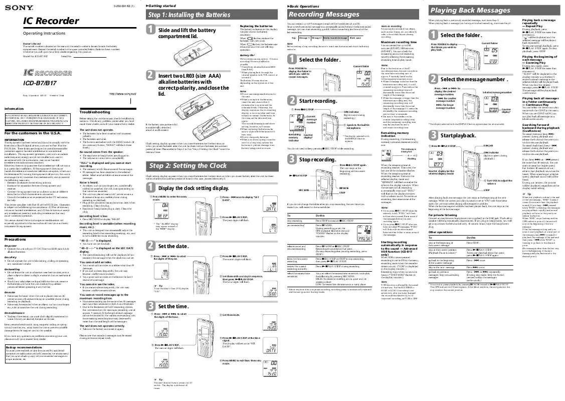 Mode d'emploi SONY ICD-B17