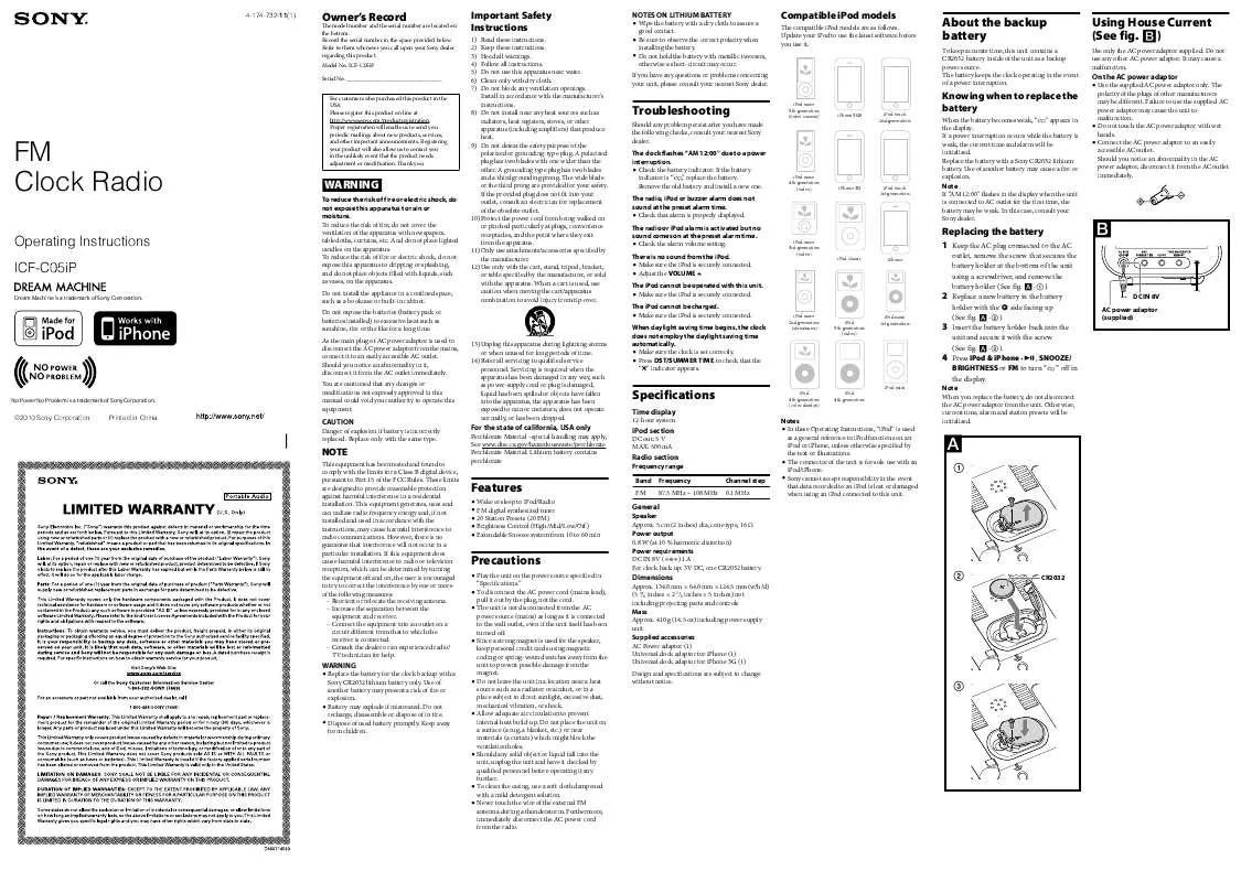 Mode d'emploi SONY ICF-C05IPWHT