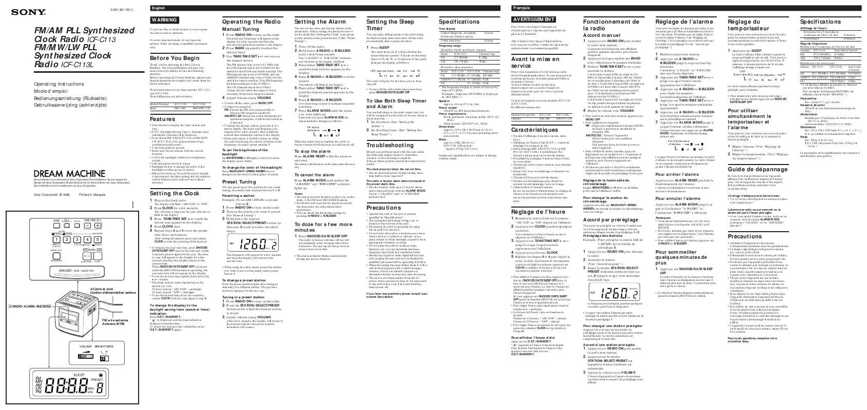 Mode d'emploi SONY ICF-C113