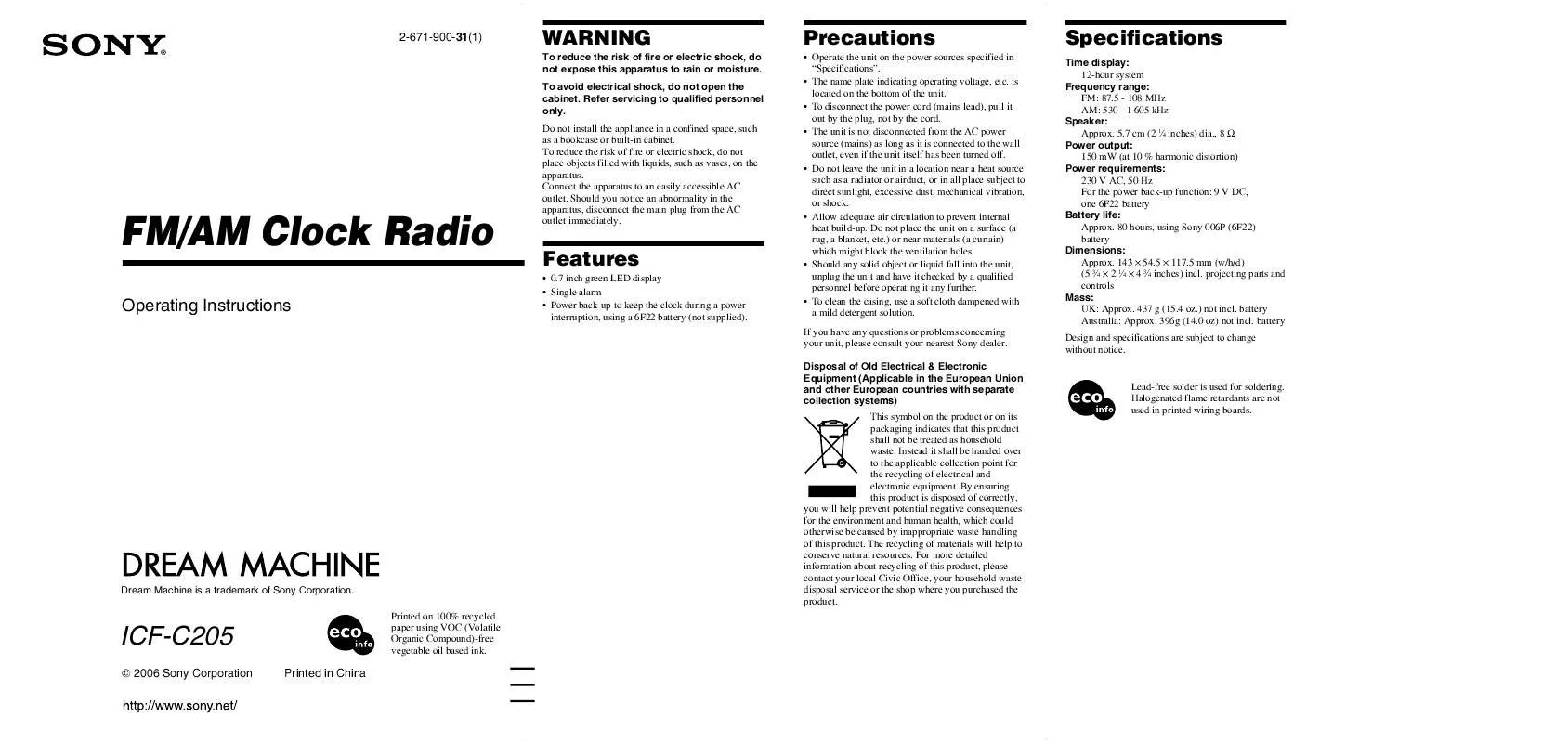 Mode d'emploi SONY ICF-C205