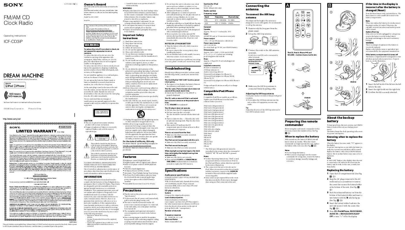 Mode d'emploi SONY ICF-CD3IPSIL