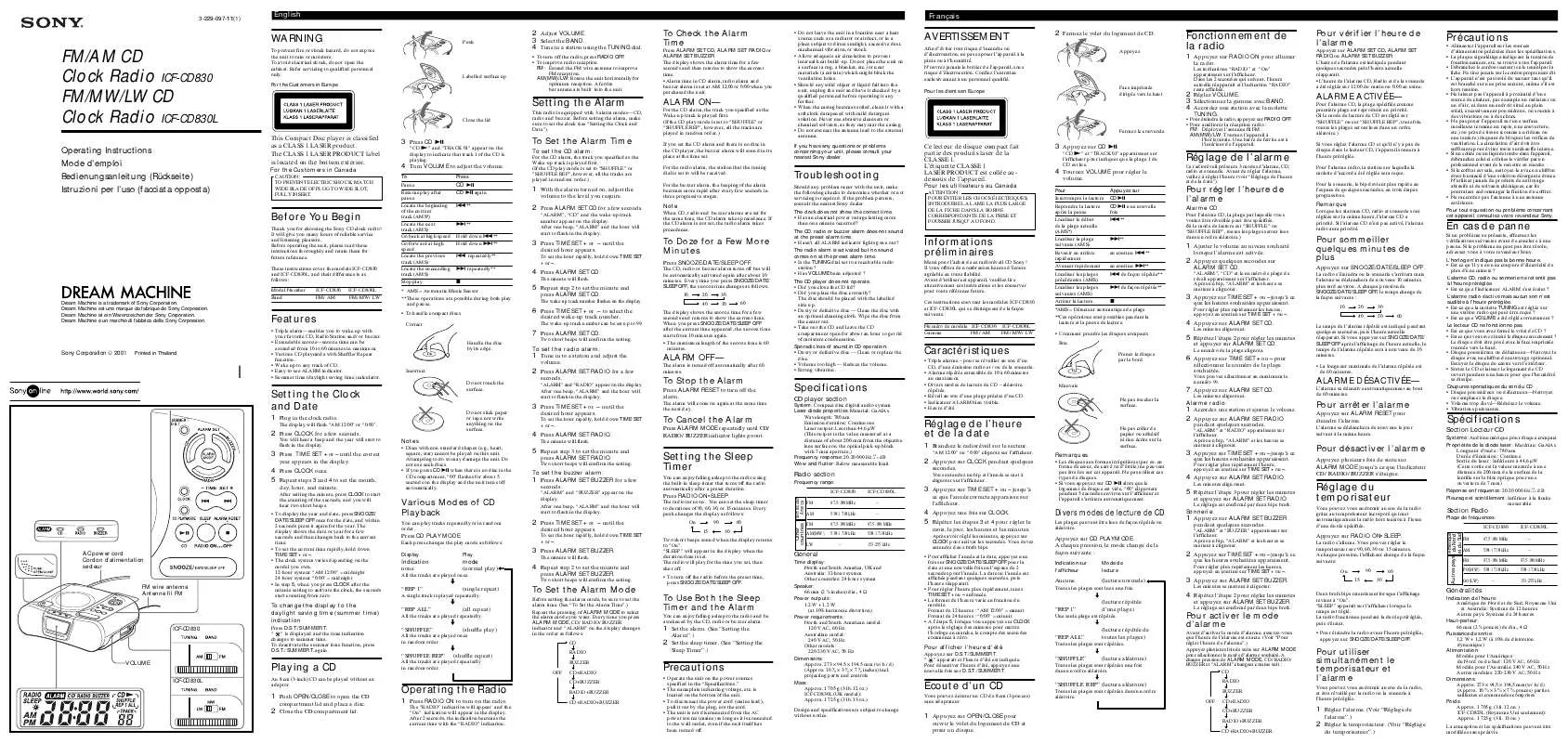 Mode d'emploi SONY ICF-CD830L