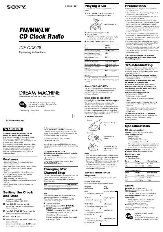 Mode d'emploi SONY ICF-CD843L