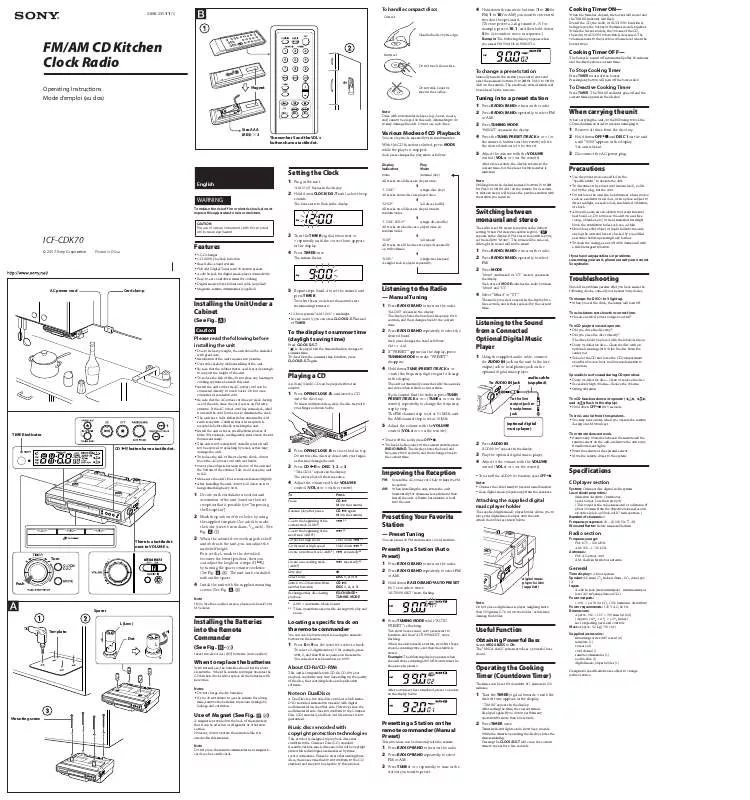 Mode d'emploi SONY ICF-CDK70