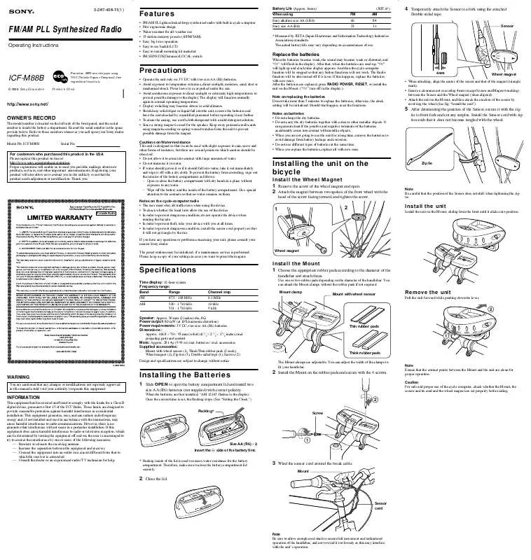 Mode d'emploi SONY ICF-M88B