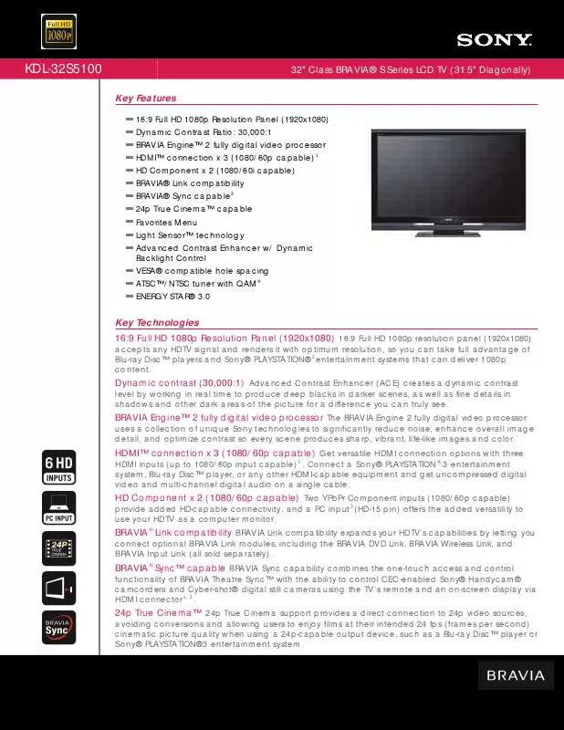 Mode d'emploi SONY BRAVIA KDL-32S5100