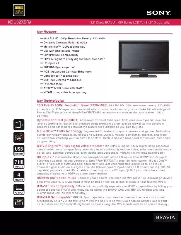 Mode d'emploi SONY BRAVIA KDL-32XBR9