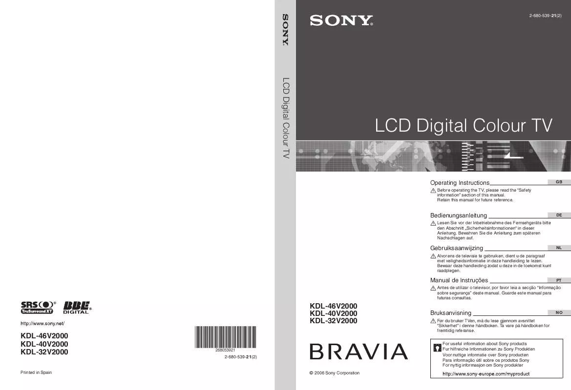 Mode d'emploi SONY KDL-40V2000