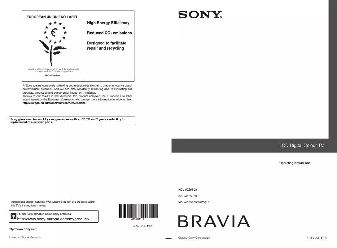 Mode d'emploi SONY KDL-40Z5800