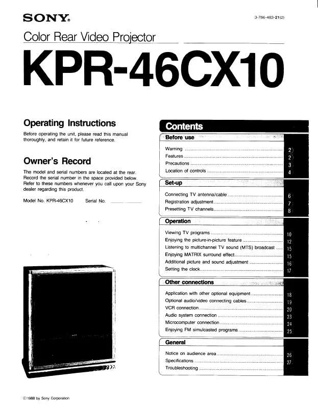 Mode d'emploi SONY KP-R46CX10