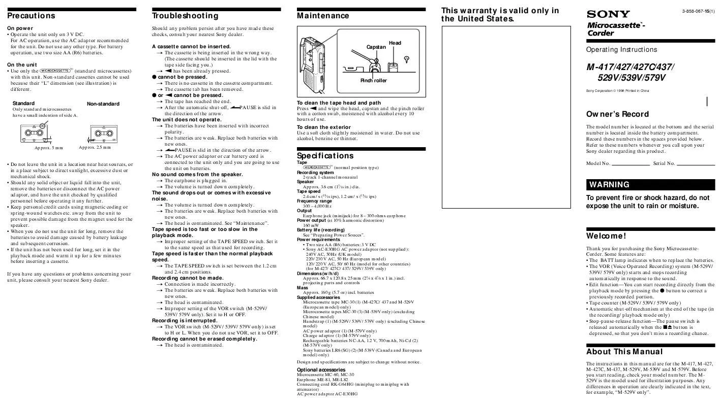 Mode d'emploi SONY M-437