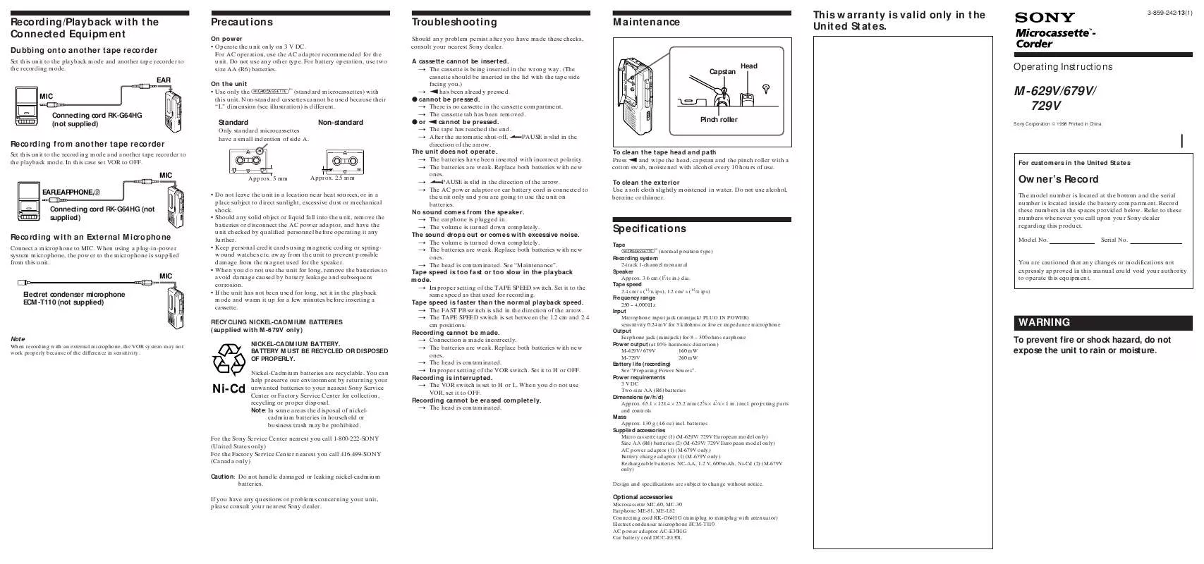 Mode d'emploi SONY M-629V