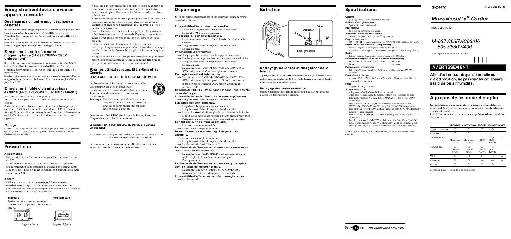 Mode d'emploi SONY M-635VK