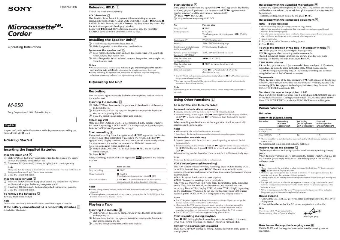 Mode d'emploi SONY M-950