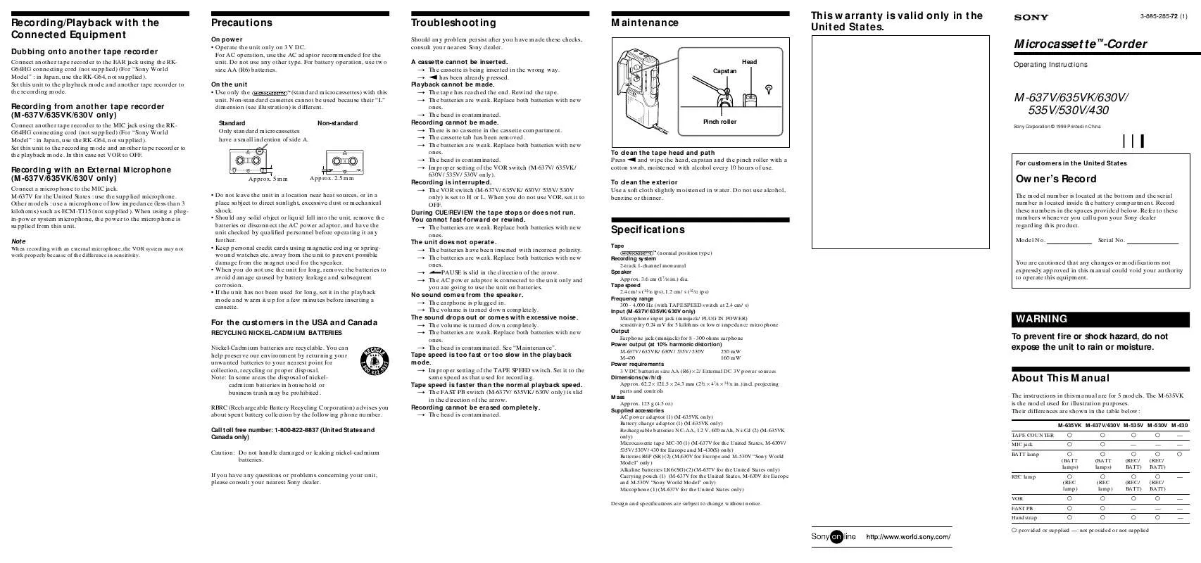 Mode d'emploi SONY M635VK