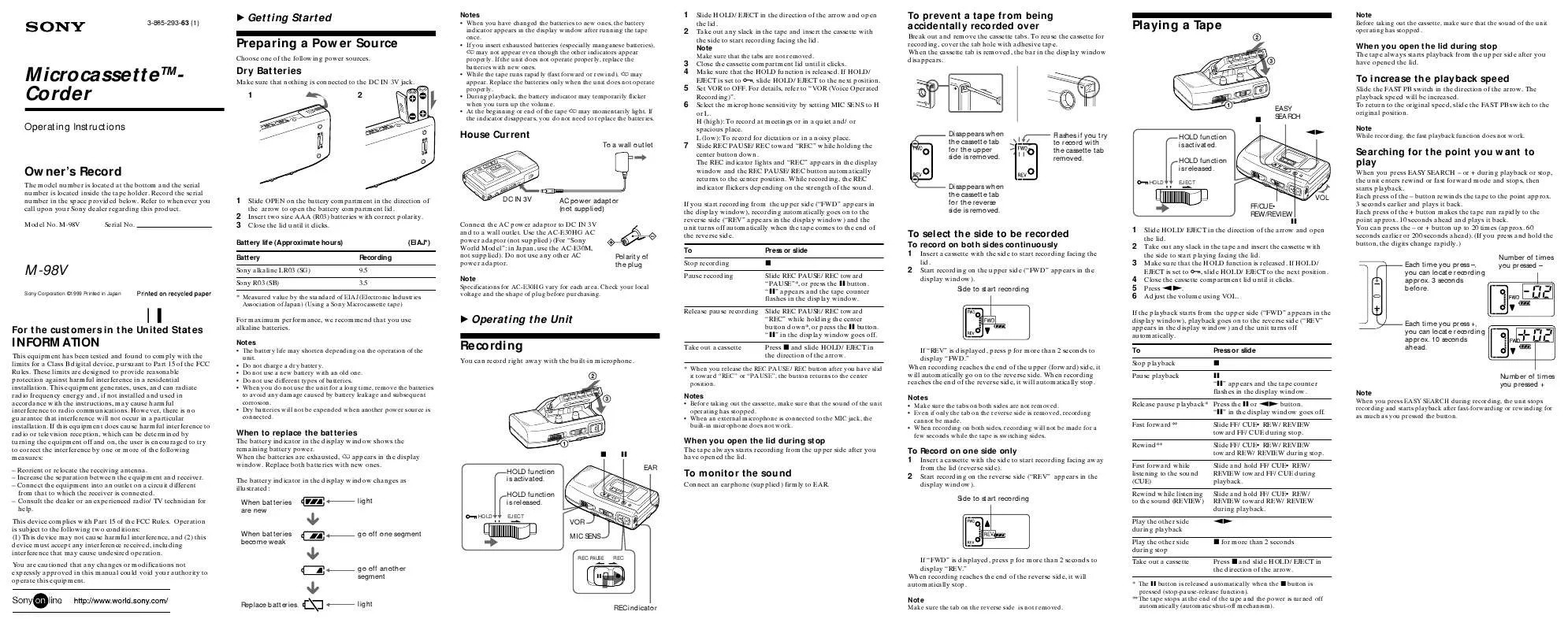 Mode d'emploi SONY M98V