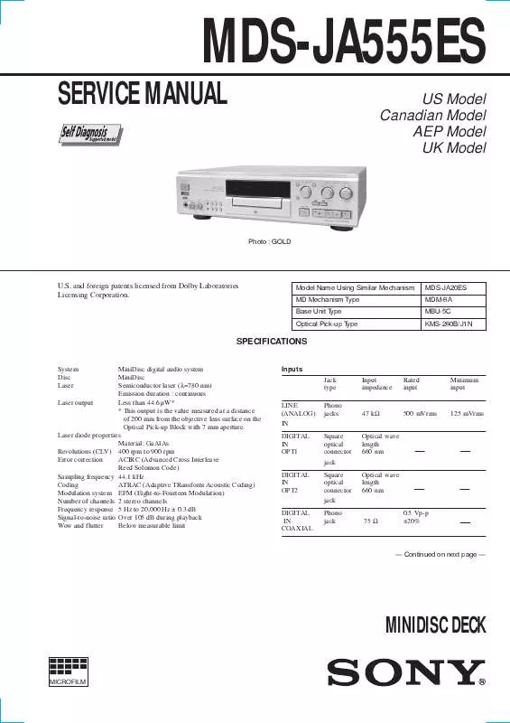 Mode d'emploi SONY MD-SJA555ES