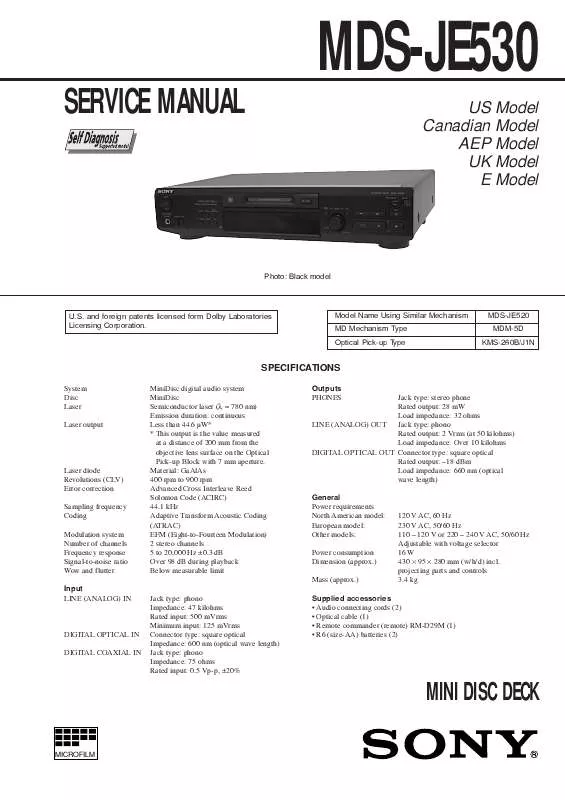 Mode d'emploi SONY MD-SJE530