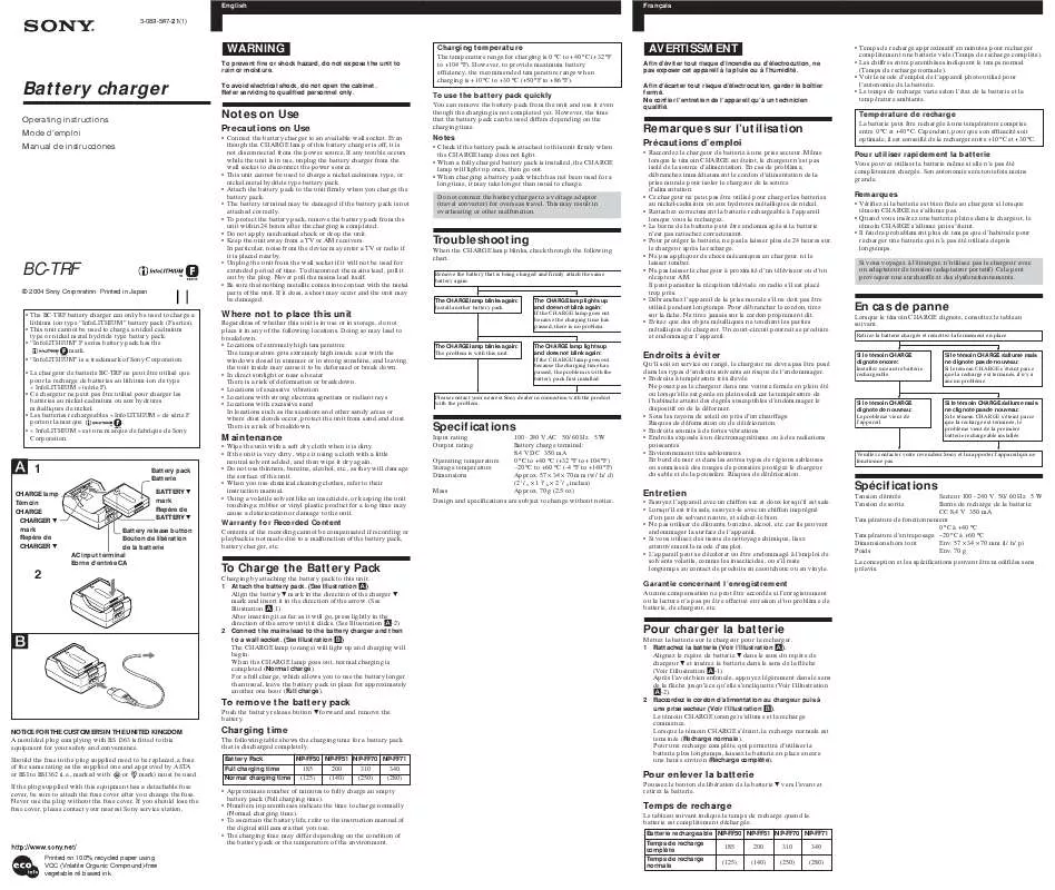 Mode d'emploi SONY MDBC-TRF