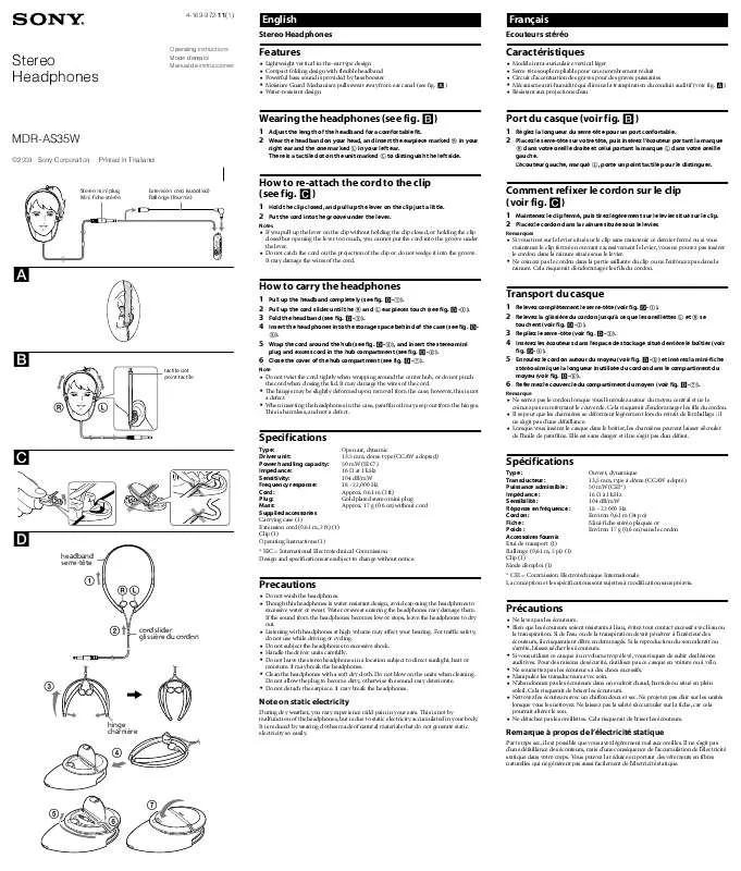 Mode d'emploi SONY MDR-AS35W