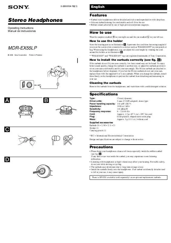 Mode d'emploi SONY MDR-EX55/BLU