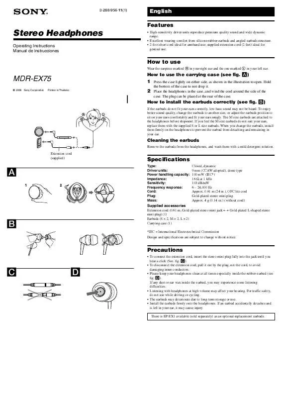 Mode d'emploi SONY MDR-EX75WHI