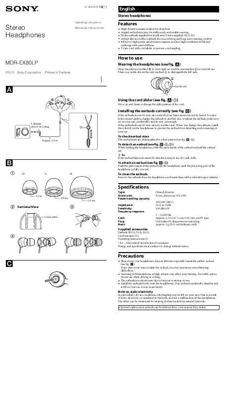 Mode d'emploi SONY MDR-EX80/B