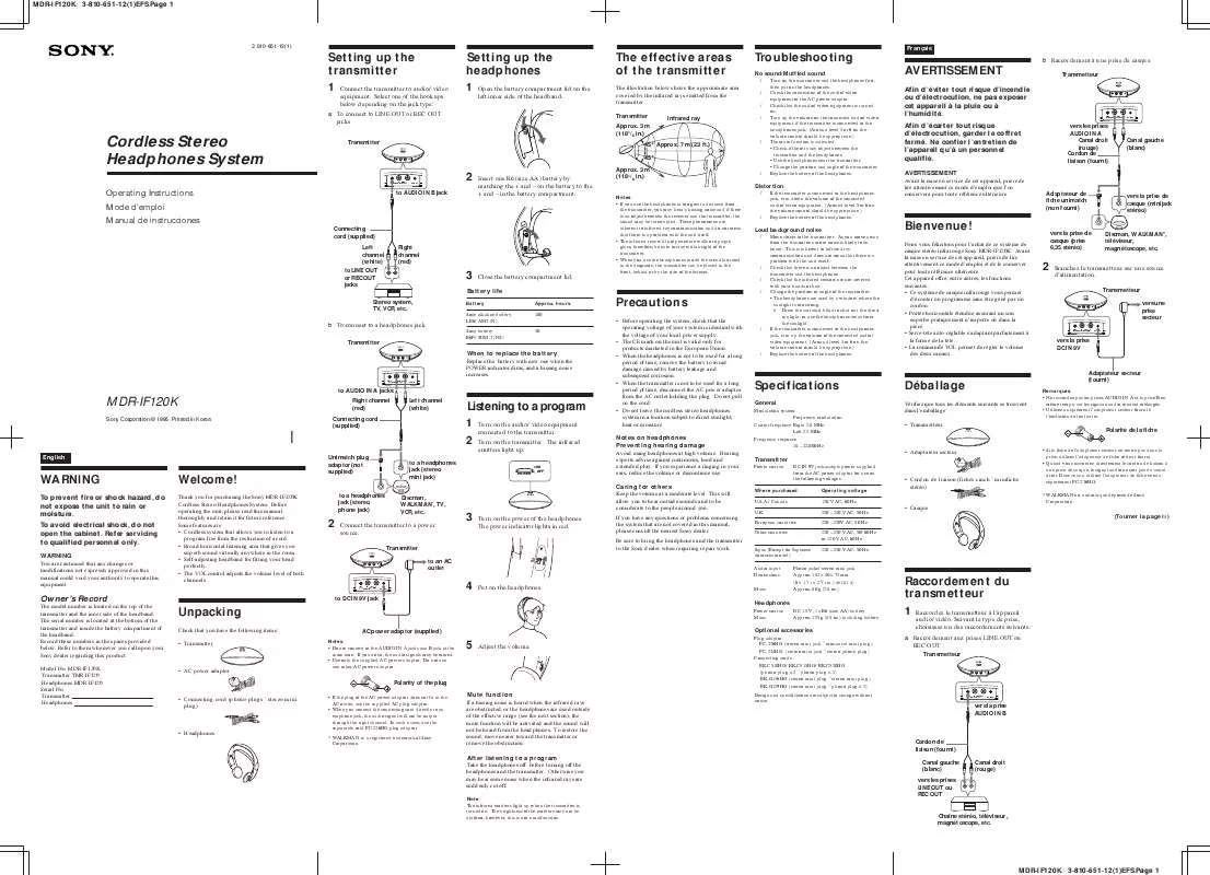 Mode d'emploi SONY MDR-IF120K