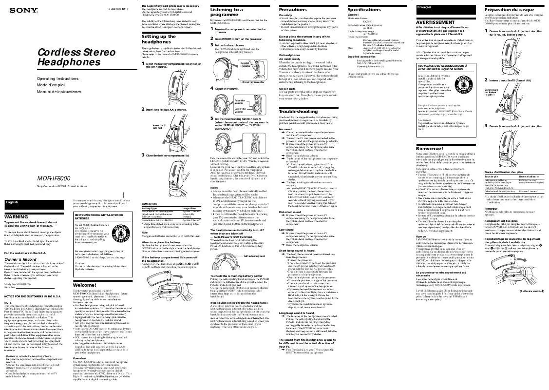 Mode d'emploi SONY MDR-IF8000