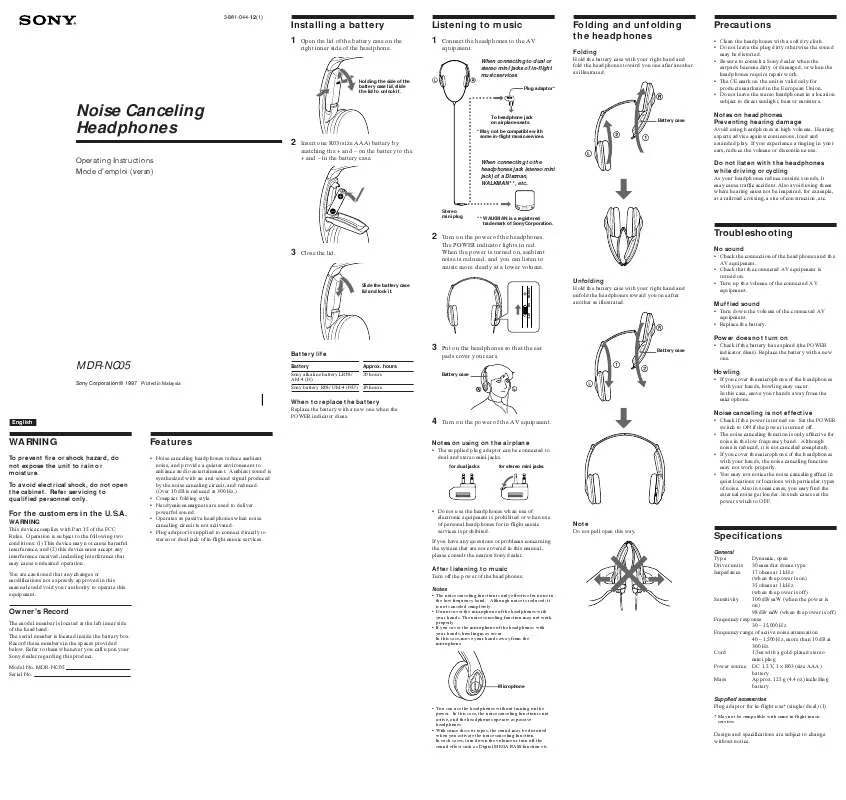 Mode d'emploi SONY MDR-NC05