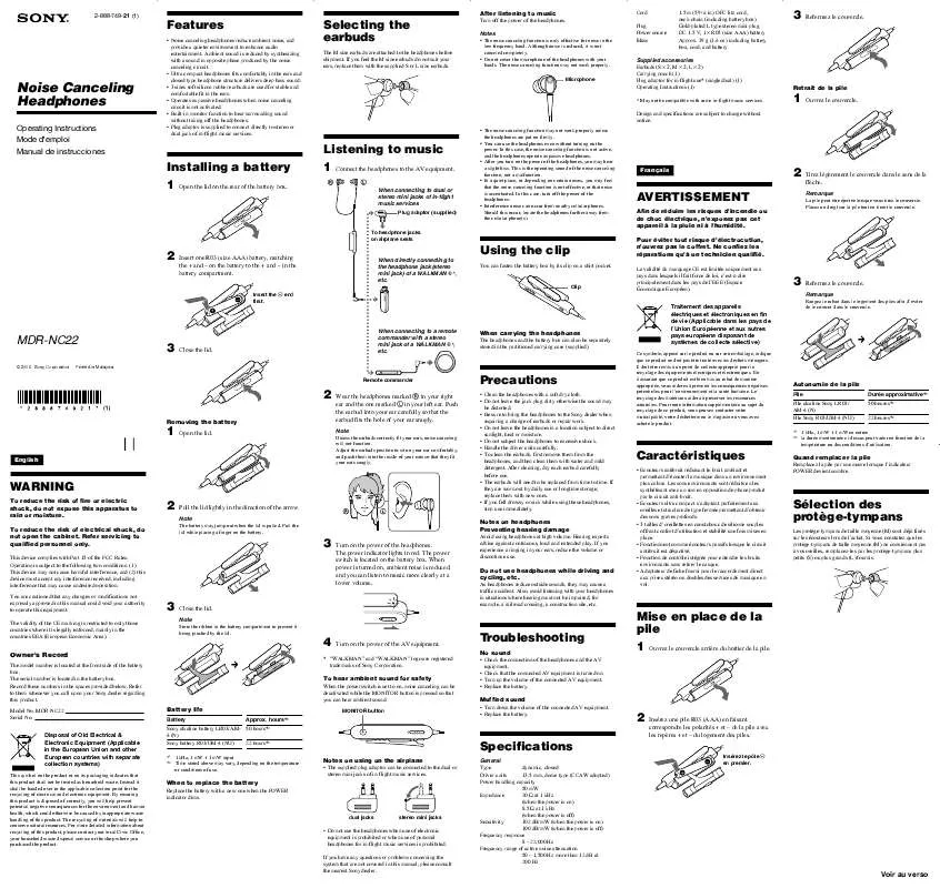 Mode d'emploi SONY MDR-NC22/PIN