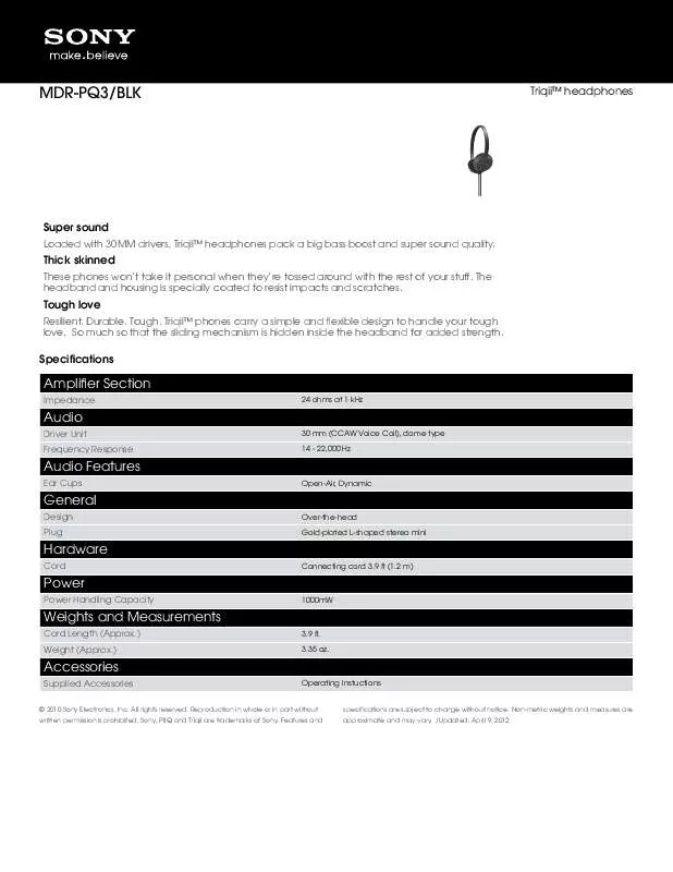 Mode d'emploi SONY MDR-PQ3/