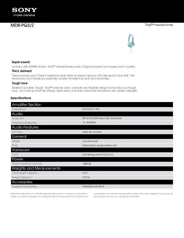 Mode d'emploi SONY MDR-PQ3/Z