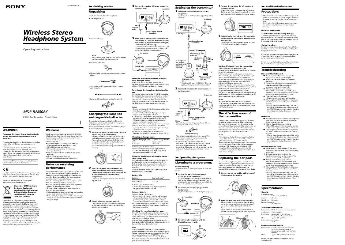 Mode d'emploi SONY MDR-RF800RK