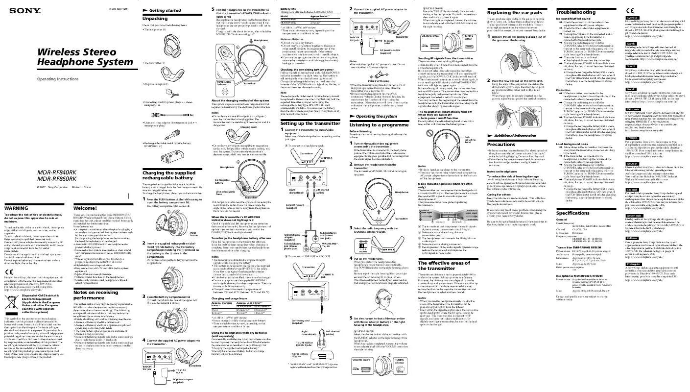 Mode d'emploi SONY MDR-RF860RK