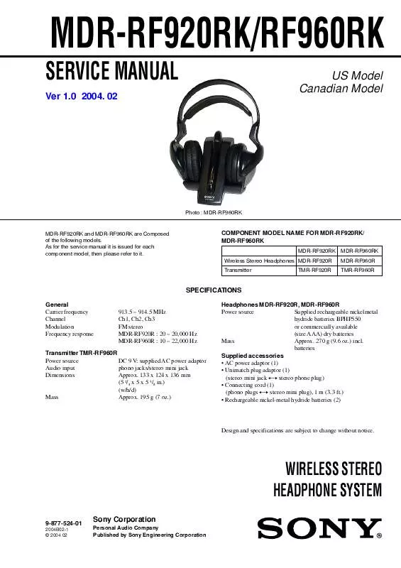 Mode d'emploi SONY MDR-RF960RK