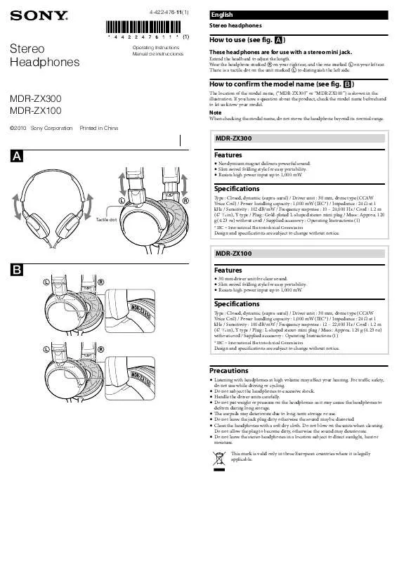 Mode d'emploi SONY MDRZX300