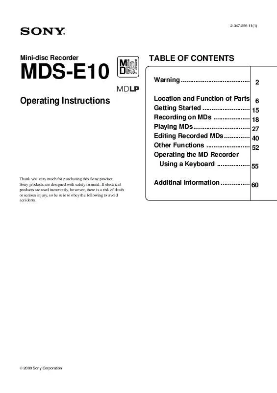 Mode d'emploi SONY MDS-E10