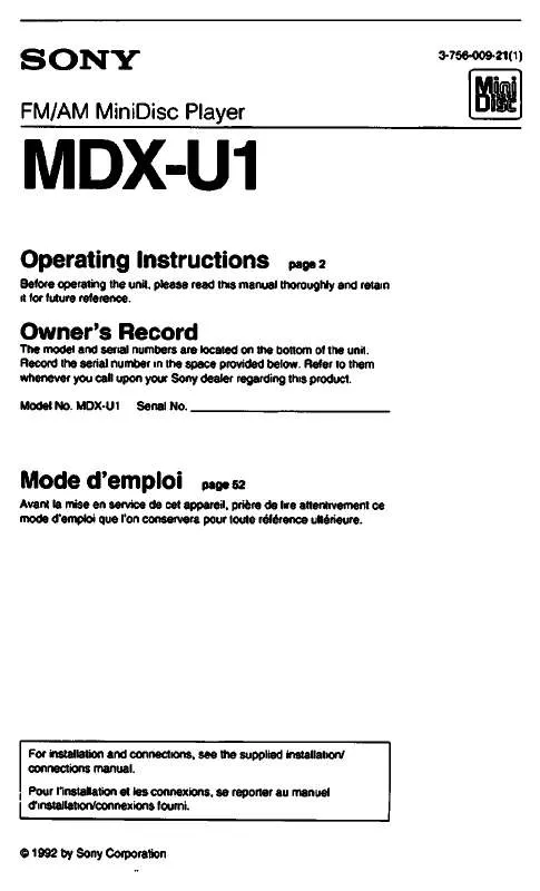 Mode d'emploi SONY MDX-U1