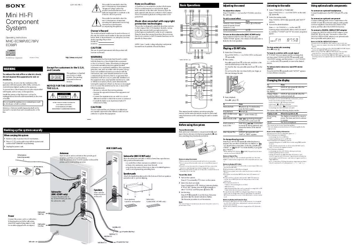 Mode d'emploi SONY MHC-EC68PI