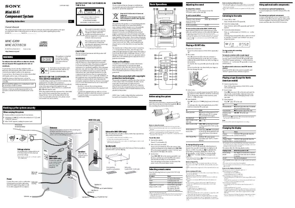 Mode d'emploi SONY MHC-GX99