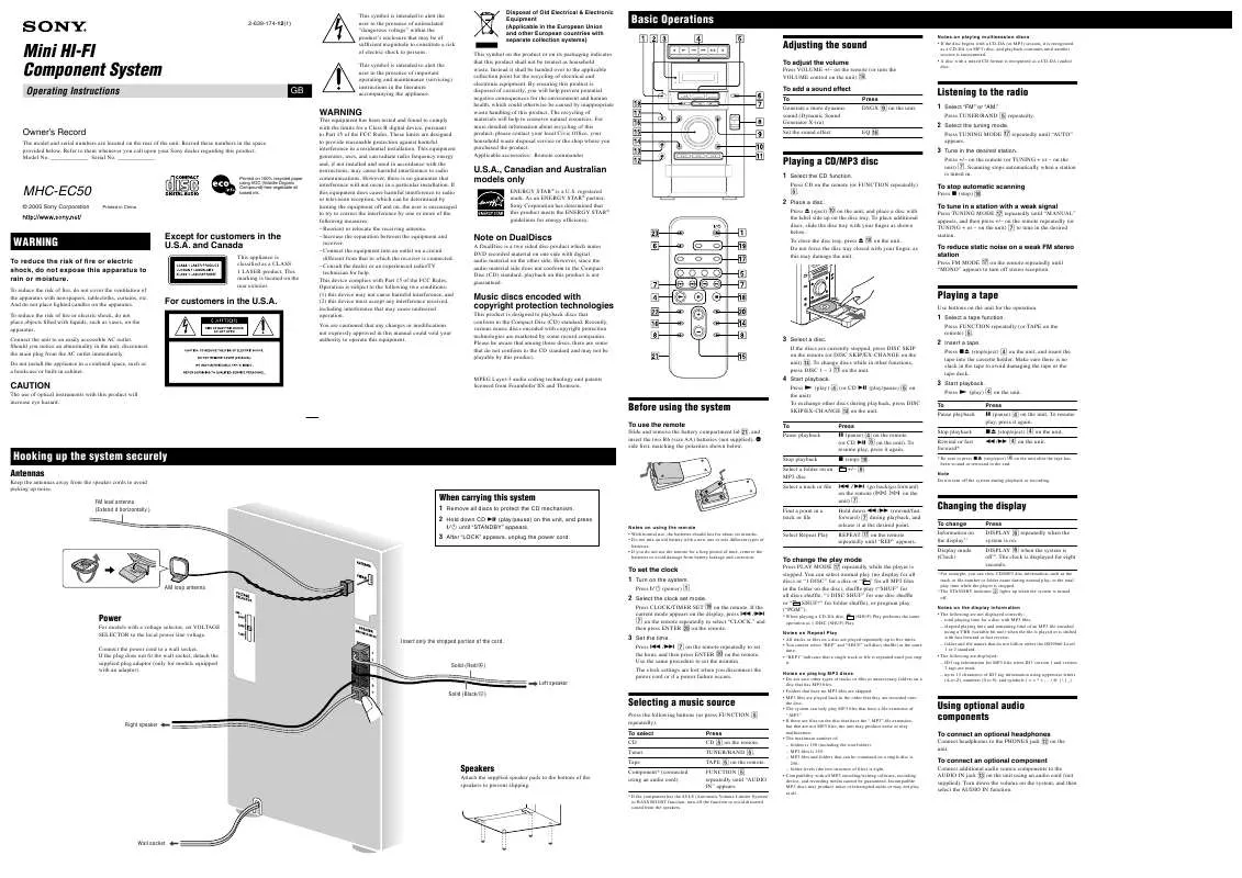 Mode d'emploi SONY MHC-EC50