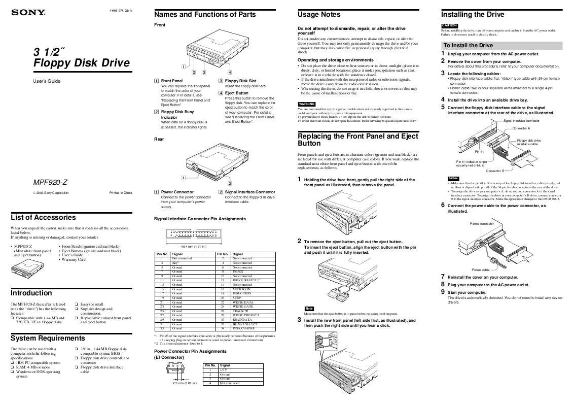 Mode d'emploi SONY MPF920/Z/CU1