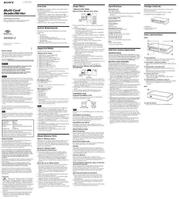 Mode d'emploi SONY MRW62E/S1/181