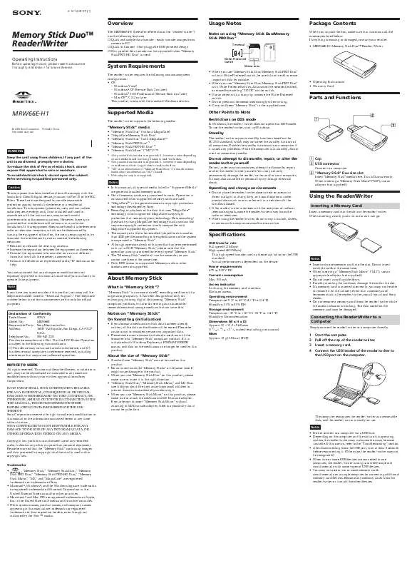 Mode d'emploi SONY MRW66E/H1/181