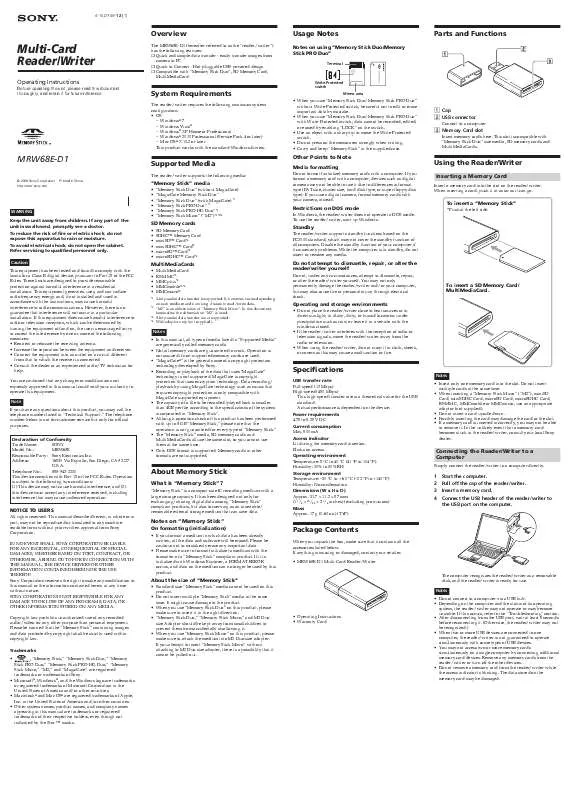 Mode d'emploi SONY MRW68E/D1/181