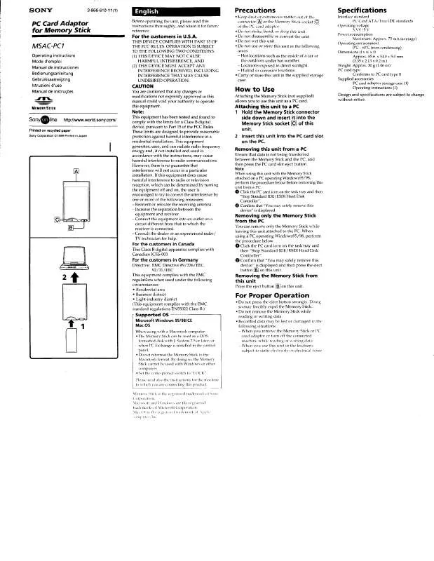 Mode d'emploi SONY MSACPC1