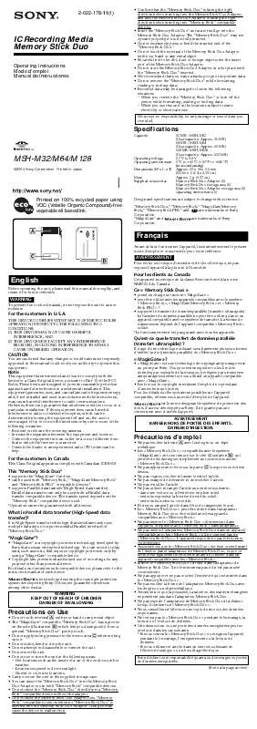 Mode d'emploi SONY MSHM128A